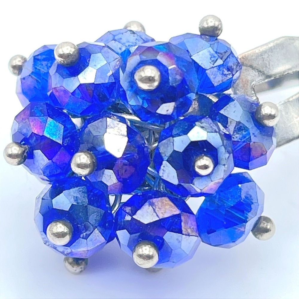 Vintage Silver Tone Blue Faceted Cluster Beads Adjustable Metal Cocktail Ring